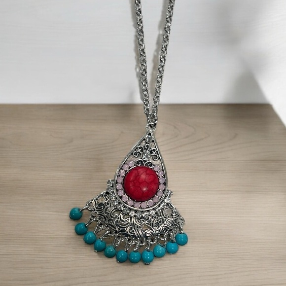Teal and Red Moon Howlite Aztec Pendant with Rhinestones Necklace 22in - Picture 2 of 7